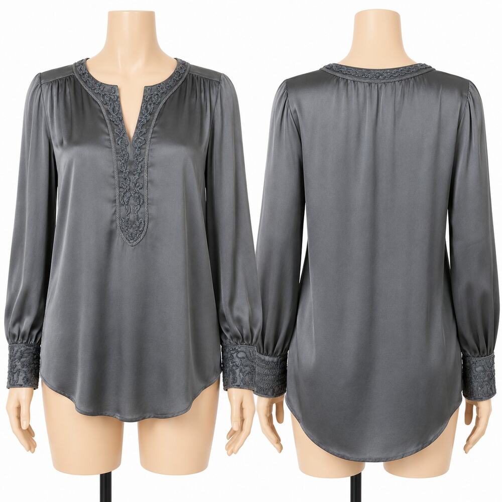 Chico’s Chenille Soutache Satin Blouse Chateau Gray Women’s US M NWT